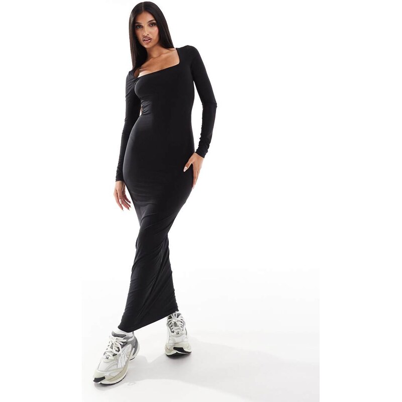 ASOS DESIGN square neck long sleeve slinky maxi dress in black 100041480