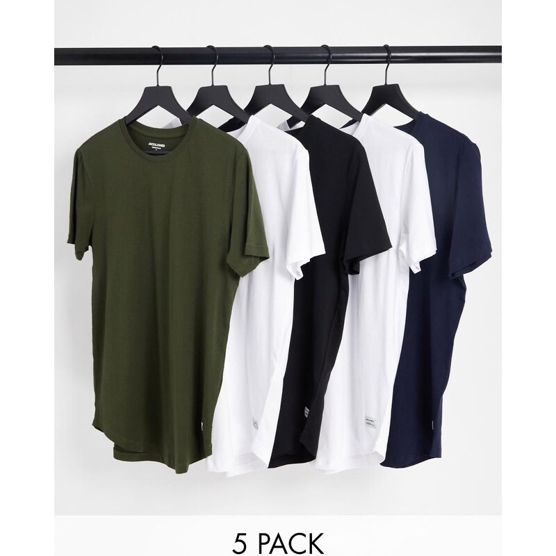 Jack & Jones 5 pack longline hem crew t-shirt in muiti-Multi