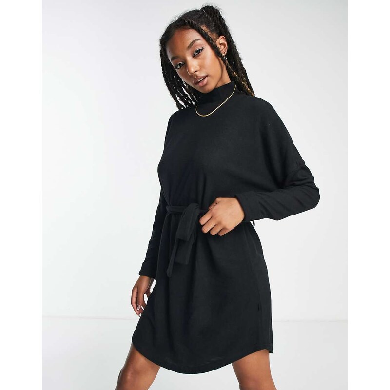 Noisy May tie waist high neck knitted mini jumper dress in black 100042245