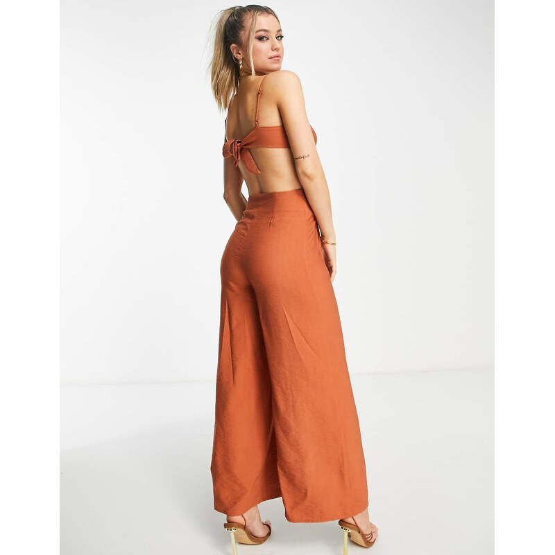 ASOS DESIGN linen look tie back button side jumpsuit in terracotta-Red 100042529