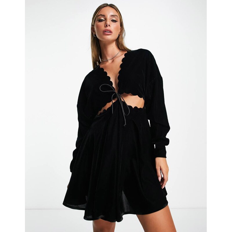 ASOS DESIGN velvet mini dress with lattice edge and cut out waist 100042714