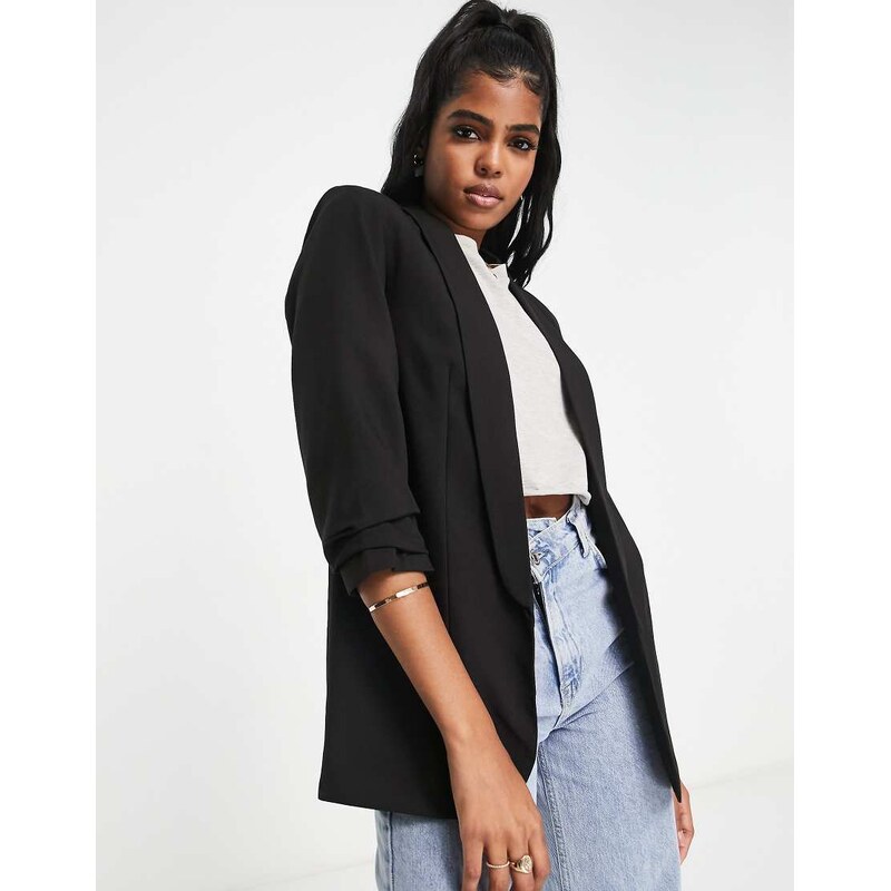 Pieces ruched sleeve blazer in black