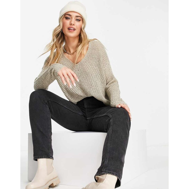 JDY lightweight v neck jumper in beige-Neutral
