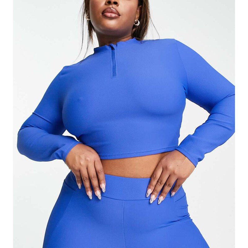 South Beach Plus rib 1/4 zip long sleeve top in colbalt blue
