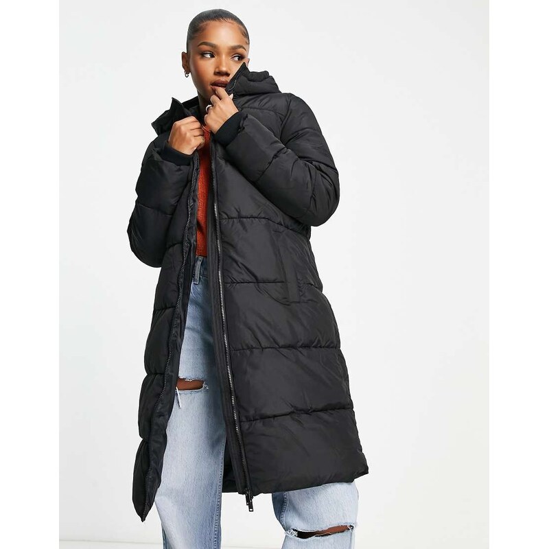 Pieces hooded longline padded coat in black 100456756