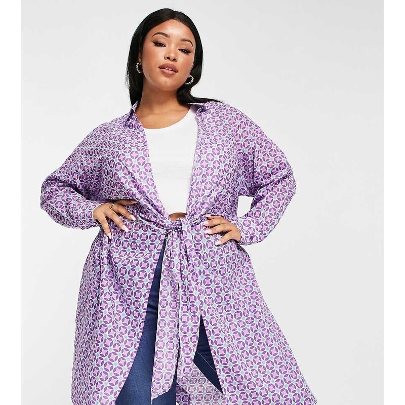 Mango Curve tie front shirt in purple geo print 111167903