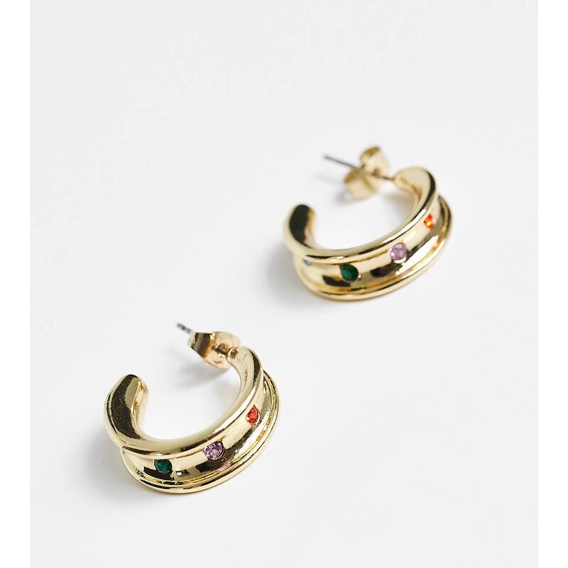 Pieces exclusive 18k plated chunky hoop with rainbow stones in gold 100044345