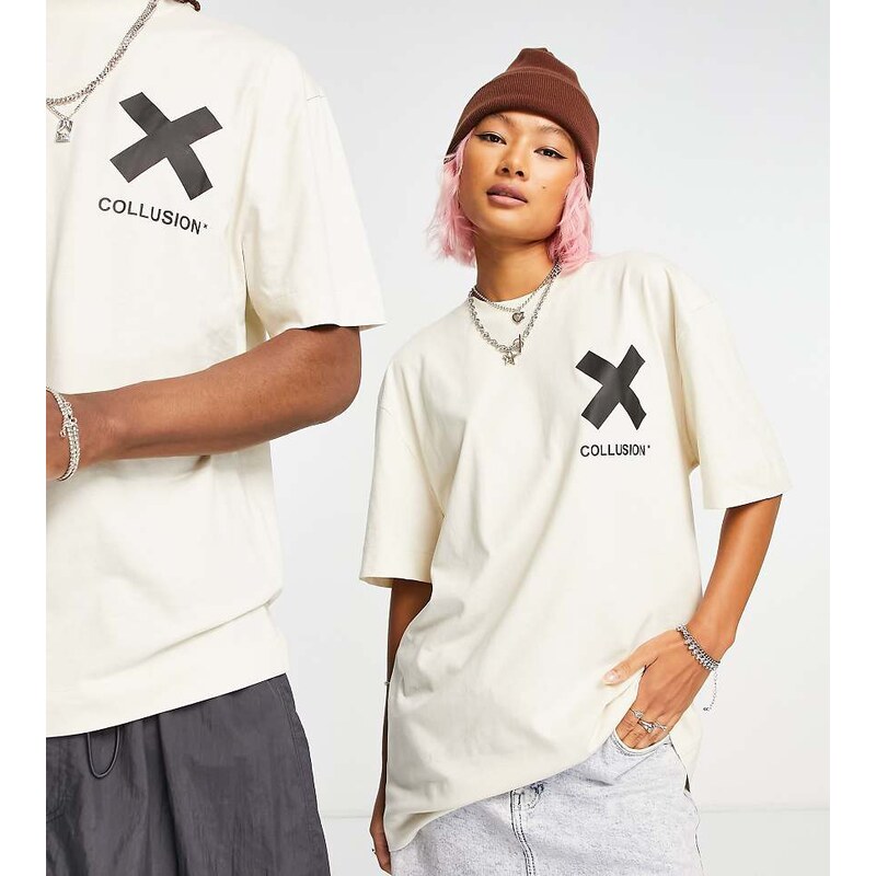 COLLUSION Unisex logo cotton t-shirt in off-white