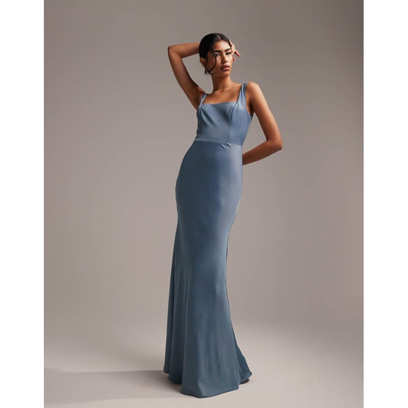 ASOS DESIGN Bridesmaid satin square neck maxi dress in dusky blue 100044489