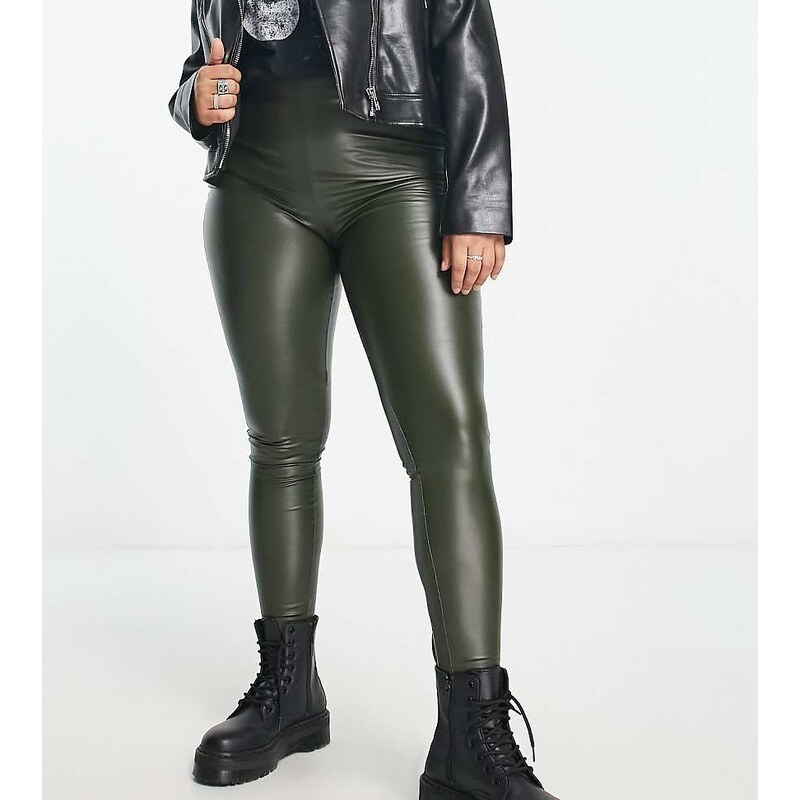ONLY Curve faux leather leggings in dark green 105234899