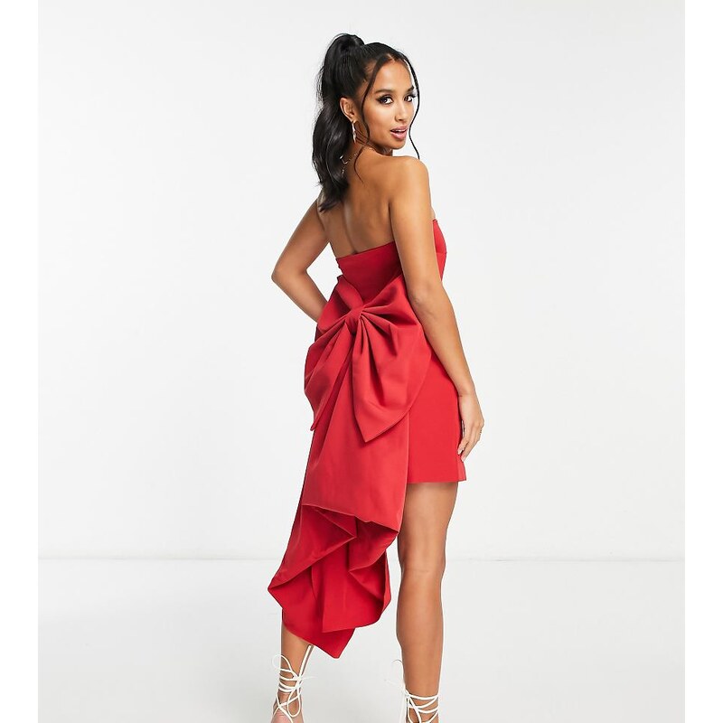 Forever New Petite strapless trailing bow mini dress in red 100044729