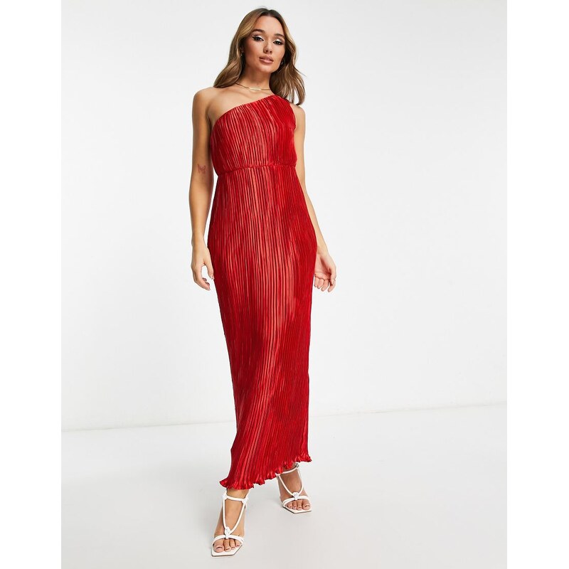 ASOS DESIGN satin one shoulder pleat detail midaxi dress in red 100044775