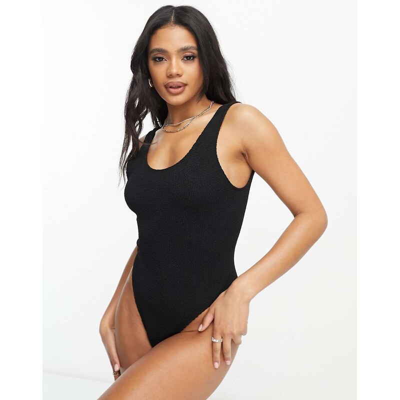 ASOS DESIGN Amy crinkle low back swimsuit in black - BLACK 100045110