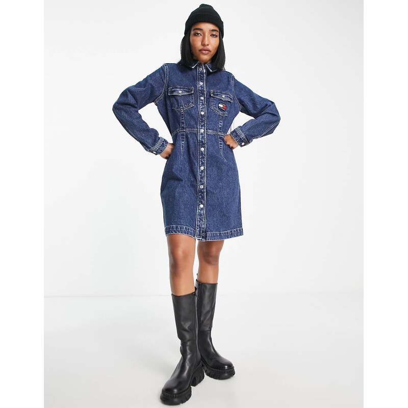 Tommy Jeans slim denim button up dress in dark wash-Blue 100045489