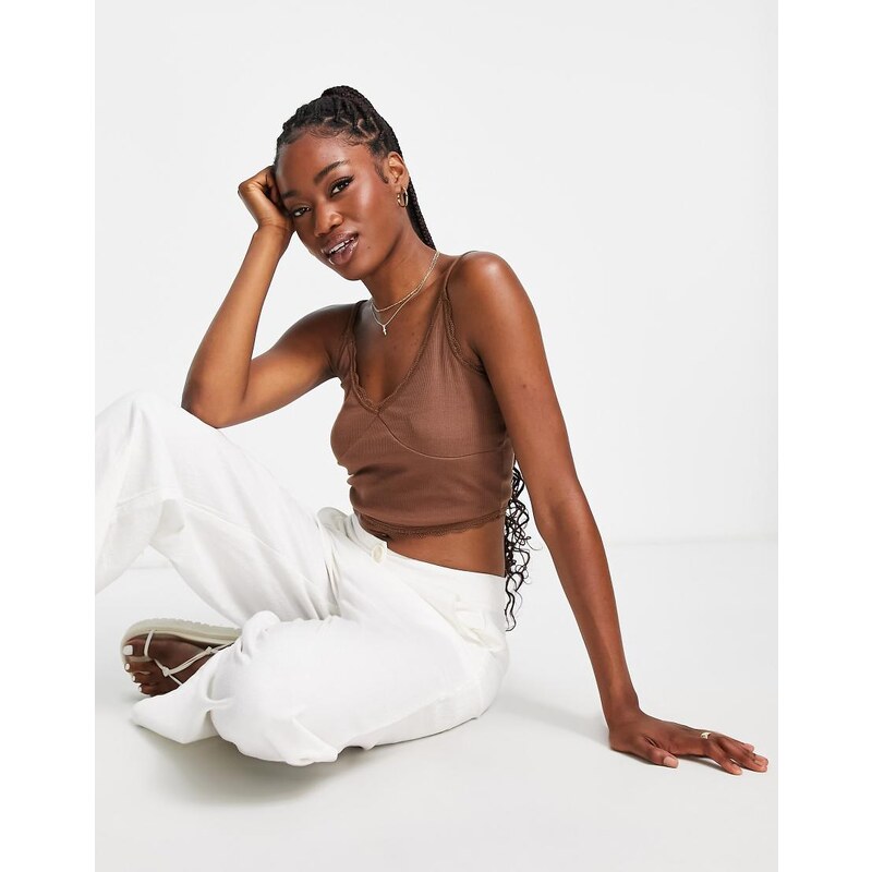 Noisy May Noist May sleeveless lace rib cami top in pinecone