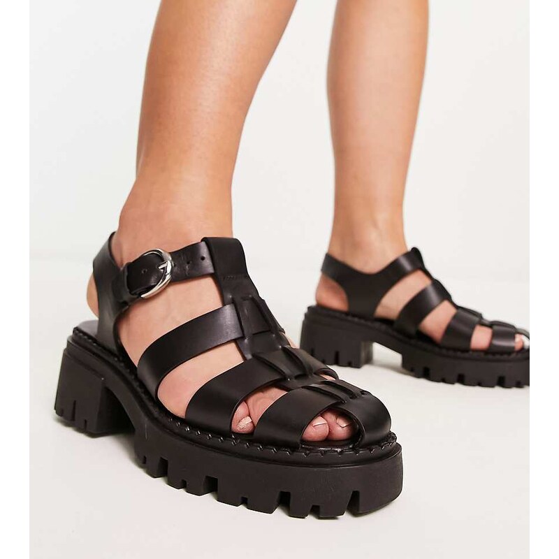 ASOS DESIGN Wide Fit Minnow leather fisherman flat shoes in black 107531931