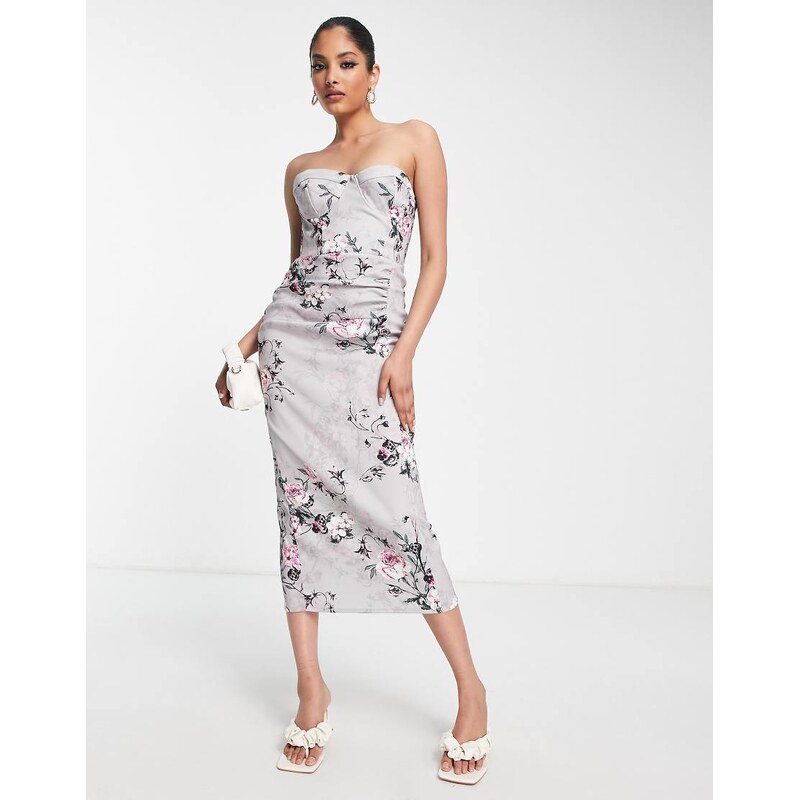 True Violet corset bandeau midi dress in silver and pink floral print 113537191