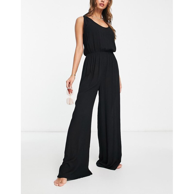 ASOS DESIGN crinkle wide leg minimal beach jumpsuit in black