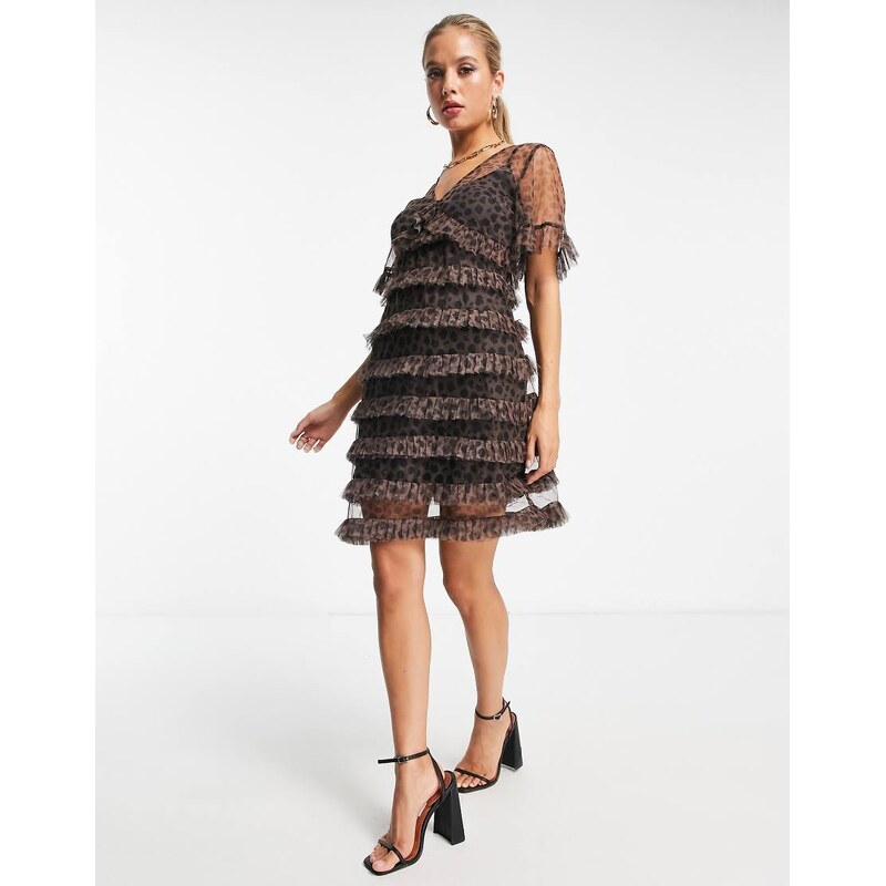 Never Fully Dressed short sleeve tiered mesh mini dress in leopard 100046479