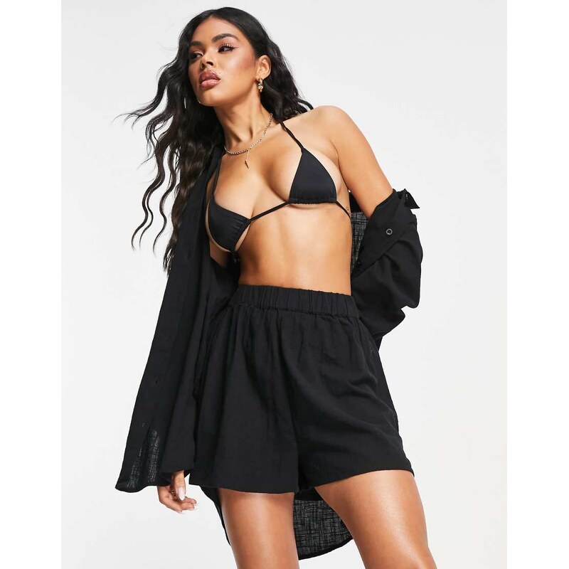 ASOS DESIGN cotton textured beach short co-ord in black 100046813