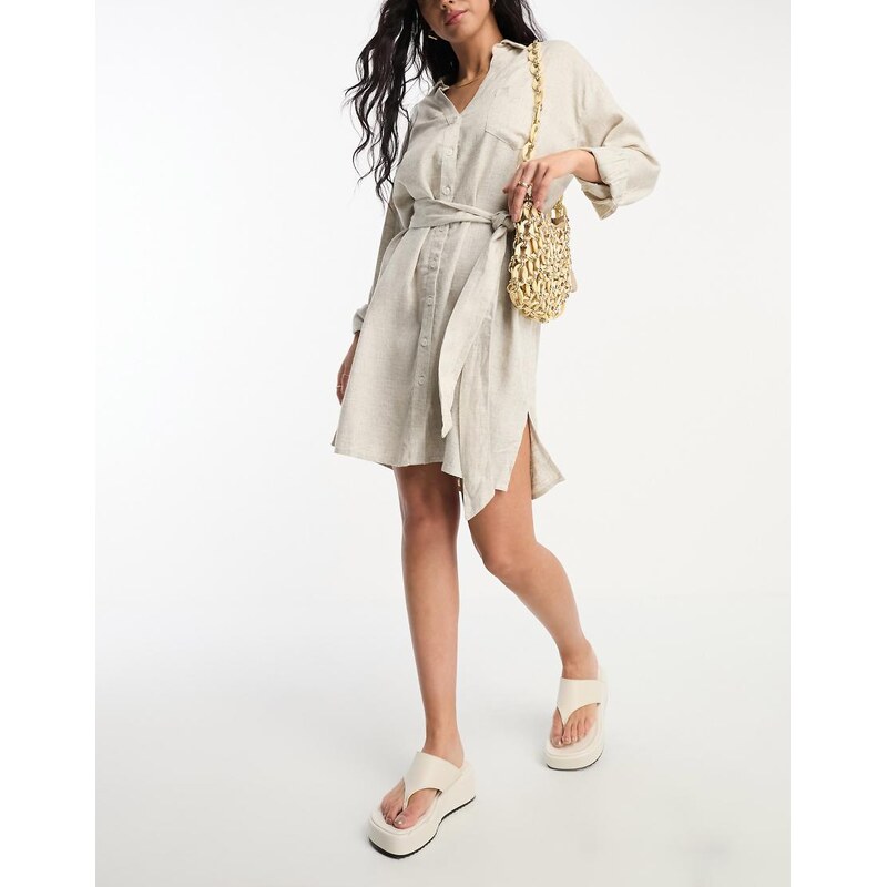 ASOS DESIGN belted shirt beach dress in natural-Neutral 100046820
