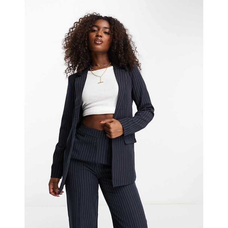 Pieces tailored blazer co-ord in navy pinstripe 100047641
