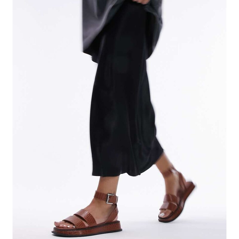 Topshop Wide Fit Grace sandal with buckle detail in tan croc