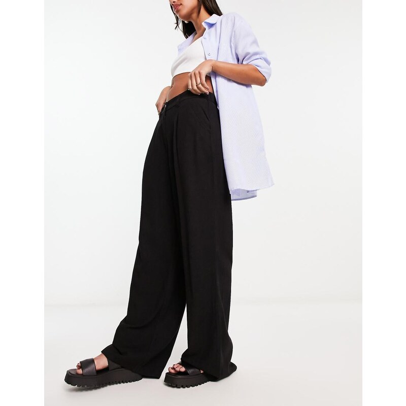 ASOS DESIGN relaxed straight leg trousers with linen in black 100048154