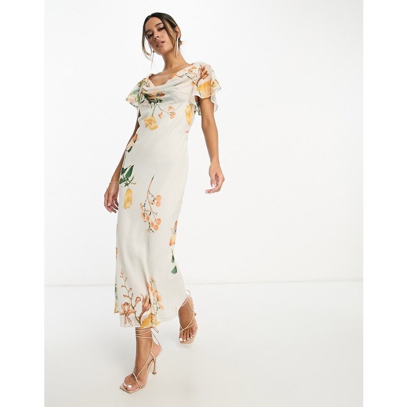 ASOS DESIGN flutter sleeve cowl neck midi dress in cream floral print 100048241