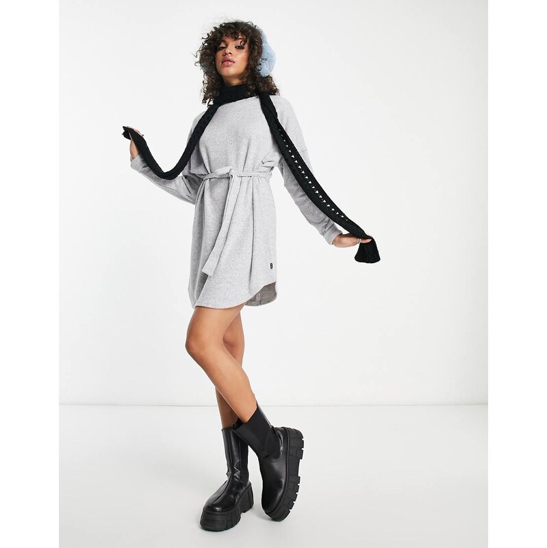 Noisy May tie waist high neck knitted mini dress in light grey 100268479
