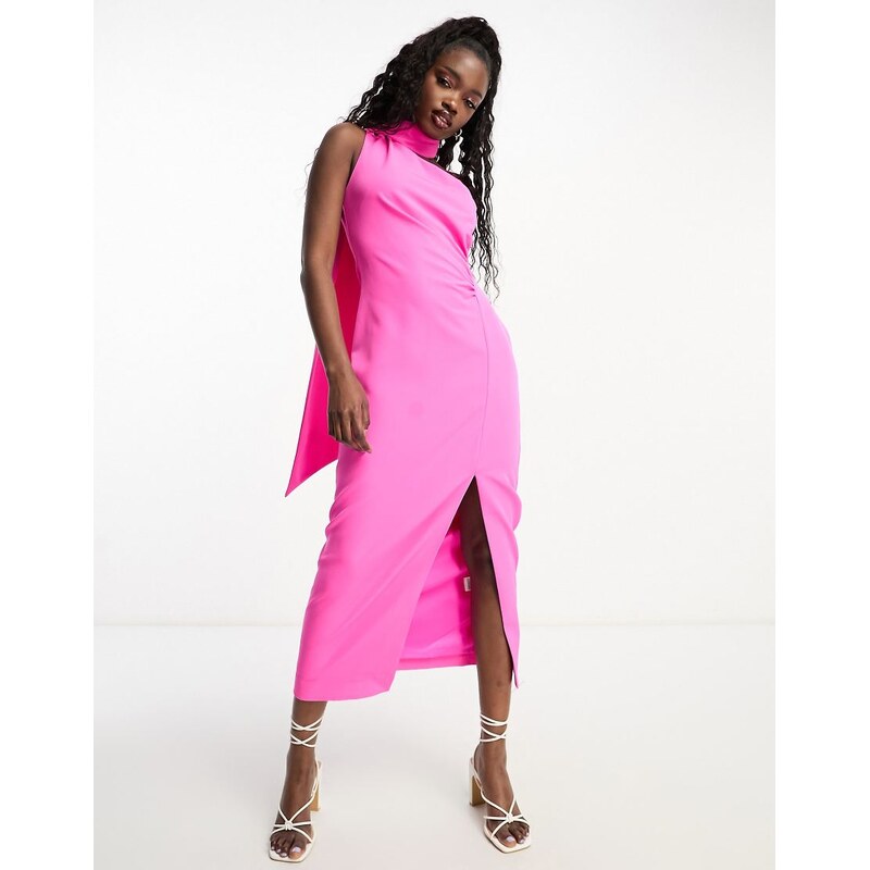 Forever New satin neck wrap split midi dress in vivid pink 100048506