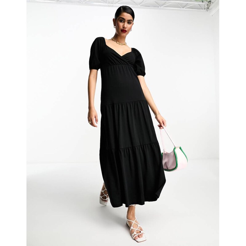 ASOS DESIGN short sleeve wrap tiered midi dress in black 103211142