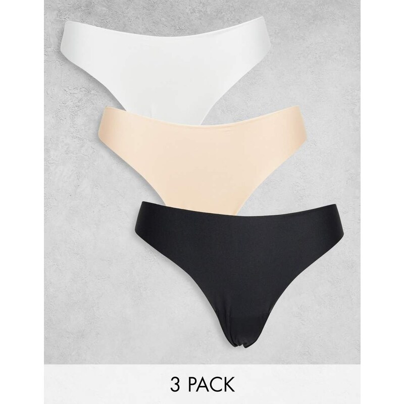 ASOS DESIGN 3 pack thong in no VPL & lace in white, beige and black 102297423