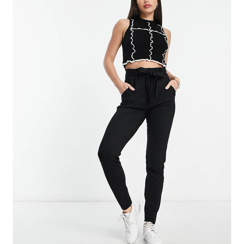 Vero Moda Tall paperbag tie waist tapered trousers in black