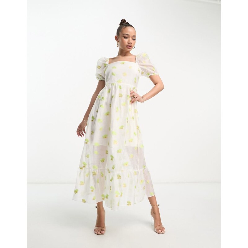Collective the Label puff sleeve organza tea dress in ivory floral 100049660