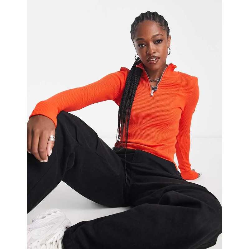 Weekday Ika half zip rib long sleeve top in red