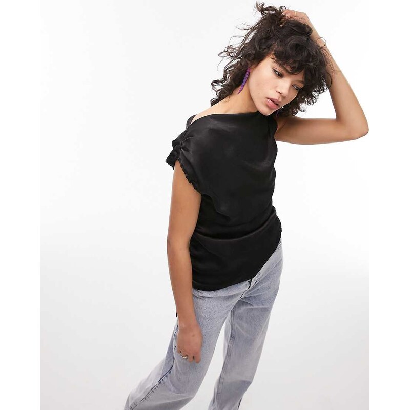 Topshop satin sleeveless ruched top in black