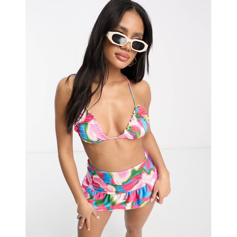 ASOS DESIGN mix and match lettuce edge triangle bikini top in pink 100050340
