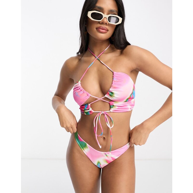 ASOS DESIGN mix and match keyhole cross neck bikini top in pink 100050341