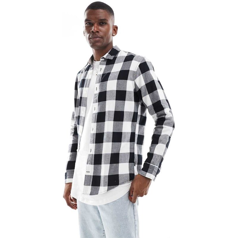 Jack & Jones Essentials flannel buffalo check shirt in black &