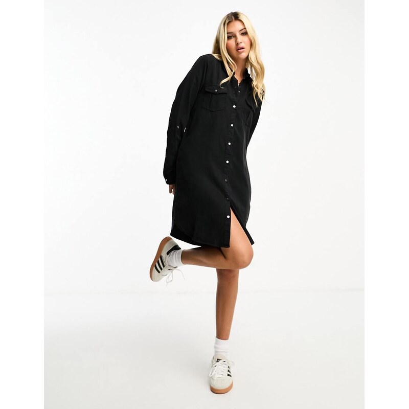 Vero Moda button through shirt mini dress in black 100051152