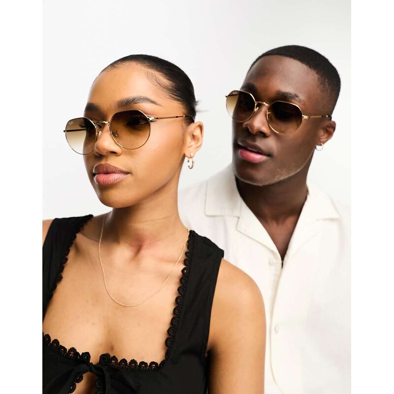 Ray-Ban Jack round hex sunglasses in gold and brown 100051345