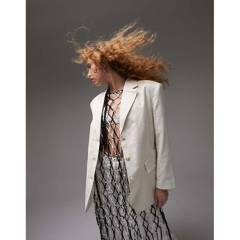 Topshop co-ord linen-blend single breasted blazer in oatmeal-Neutral 100051424