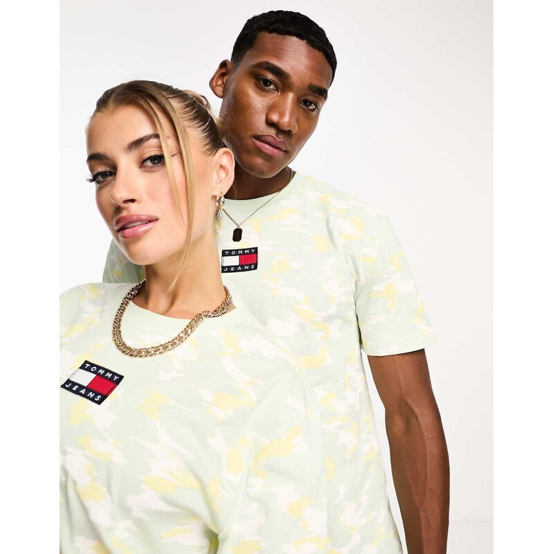 Tommy Jeans Unisex camo graphic flag logo t-shirt in yellow