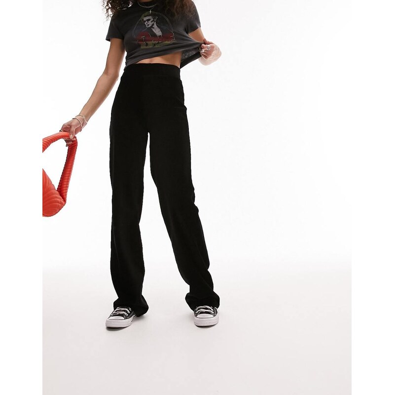 Topshop brushed rib straight leg trouser in black 100051913