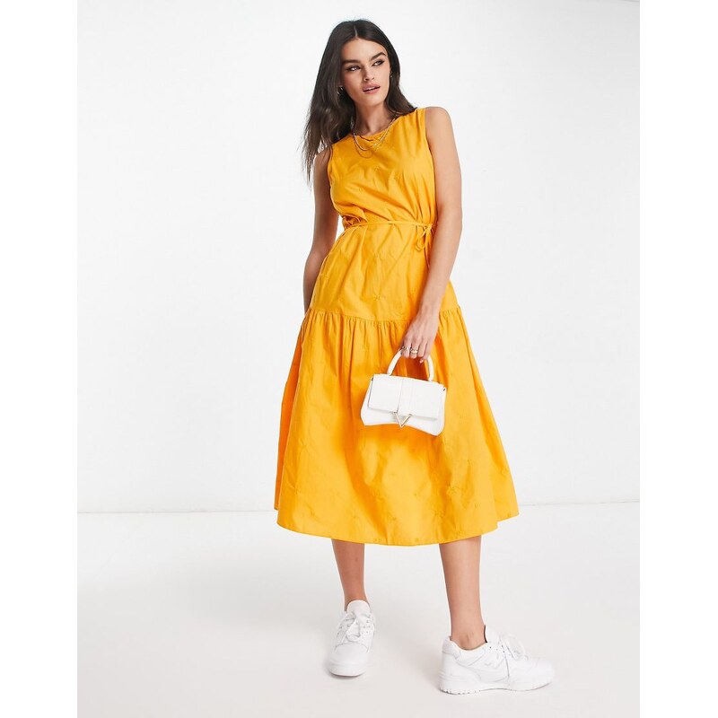 Mango floral embroidered tiered midi dress in orange 100052157