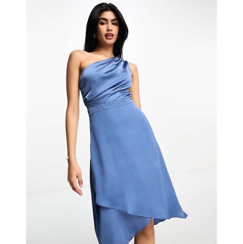 TFNC Bridesmaid one shoulder midi dress in dusky blue 100052192