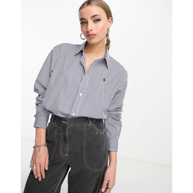 Polo Ralph Lauren icon logo crop boxy fit stripe poplin shirt in blue 100425524