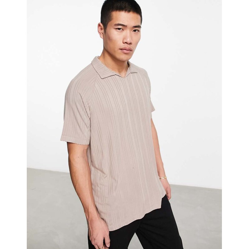 ASOS DESIGN relaxed polo with revere in light brown rib
