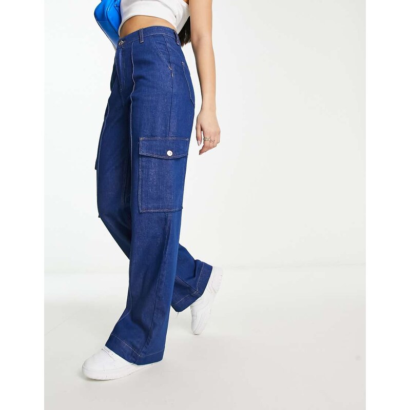 River Island high waisted wide leg cargo pocket jean in medium